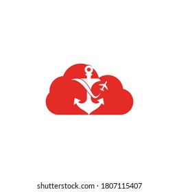 Anchor and airplane cloud shape concept logo design template. Anchor and airplane symbol or icon. Unique travel and flight logotype design template.	
