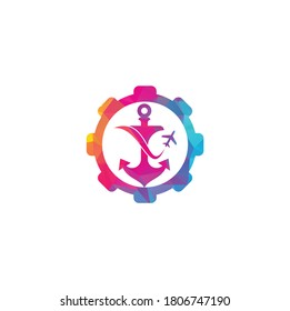 Anchor and airplane gear shape concept logo design template. Anchor and airplane symbol or icon. Unique travel and flight logotype design template.	