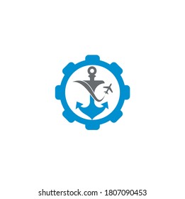 Anchor and airplane gear shape concept logo design template. Anchor and airplane symbol or icon. Unique travel and flight logotype design template.	