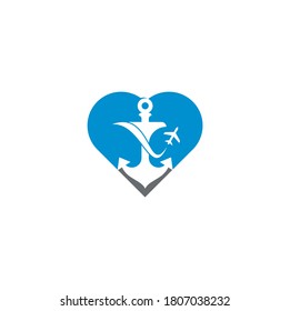 Plantilla de diseño del logotipo del concepto de forma cardíaca de anclaje y avión. Símbolo o icono de anclaje y avión. Plantilla única de diseño de logotipo de viajes y vuelos.	