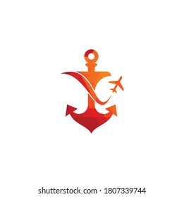 Anchor and airplane logo combination. Anchor and airplane symbol or icon. Unique travel and flight logotype design template.	
