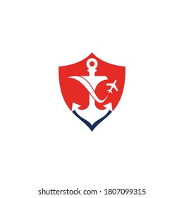 Anchor and airplane shield shape concept logo design template. Anchor and airplane symbol or icon. Unique travel and flight logotype design template.	