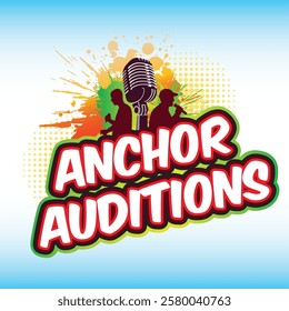 Anchor Auditions, Music concert logo, Anchor singer Hand-drawn seagull singing in a microphone, Detailed minimal vector illustration isolated on colourful background. Anchor singer with a microphone.