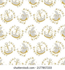 Ancla y Banana. Patrón sin brillo en un fondo blanco. Vector
