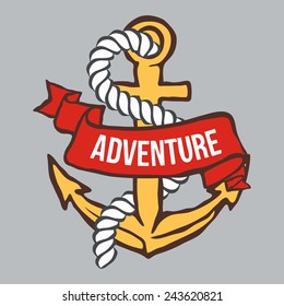 Anchor with Banner and rope. Adventure Vector illustration