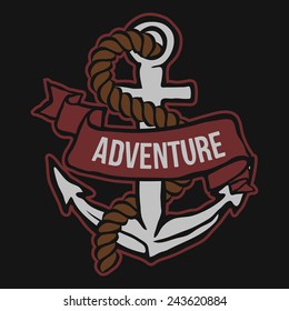 Anchor with Banner and rope. Adventure Vector illustration