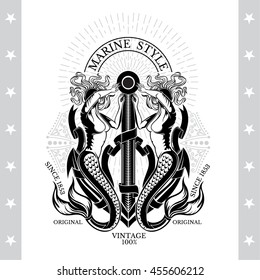 Anchor between two mermaids who closed face from bright rays. Marine style background on white