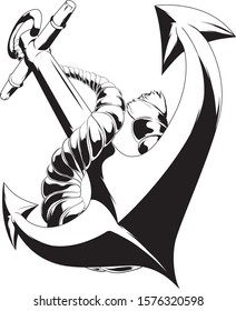 Anchor black and white vector illustration isolated on a white background. Monochromatic lineart symbol.