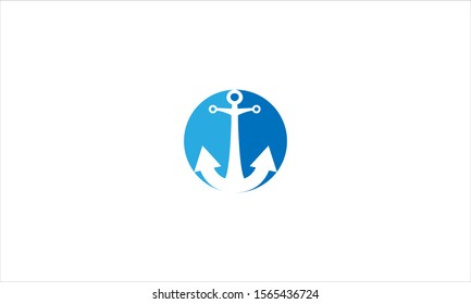 Anchor in blue circle isolated on white background in flat minimalist logo style