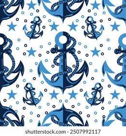 anchor blue hand drawn vector illustration seamless pattern background