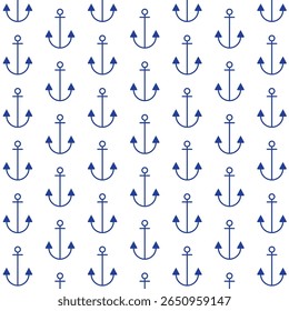 Anchor blue pattern seamless nautical symbol on white background. Decorative Blue pattern of a marine equipment. Ideal for kids, card, fashion, travel or wrapping paper. Vector illustration EPS 10.