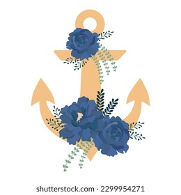Anchor with blue peony flowers. Vector illustration ideal for labels for logotype or print design, wedding invitation, greeting cards