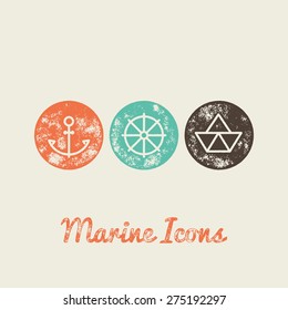 Anchor, Boat, Helm Marine Retro Icons - Grunge Vintage Design - Vector Illustration