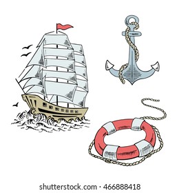 Anchor, boat,  lifebuoy, lighthouse, ship, sailboat sketch set. Hand drawn vector illustration.