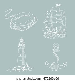 Anchor, boat,  lifebuoy, lighthouse, ship, sailboat sketch set. Hand drawn vector illustration.