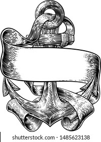 An anchor from a boat or ship with a banner scroll wrapped around it tattoo or retro style woodcut etching drawing in a vintage style
