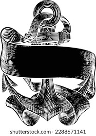 An anchor from a boat or ship with a banner scroll wrapped around it tattoo or retro style woodcut etching drawing in a vintage style