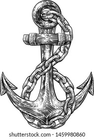 An anchor from a boat or ship with a chain wrapped around it tattoo or retro style woodcut etching drawing in a vintage style