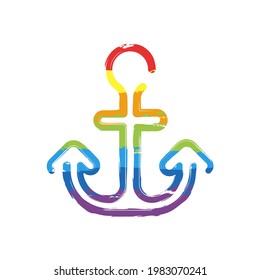 Anchor of the boat, simple icon. Drawing sign with LGBT style, seven colors of rainbow (red, orange, yellow, green, blue, indigo, violet