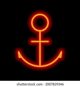 Ancla del barco, icono simple. Estilo neón naranja sobre fondo negro. Icono lineal claro con trazo editable