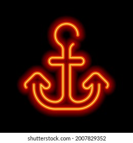 Anchor of the boat, simple icon. Orange neon style on black background. Light linear icon with editable stroke