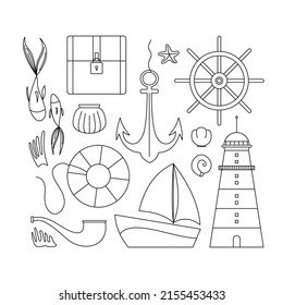 Anchor, boat, smoking pipe, steering wheel, lighthouse, chest, fish, shell. Vector Line Set of sailing and sea elements.