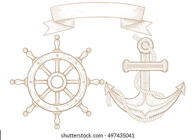 Anchor and boat steering wheel. Hand drawn sketch. Vector illustration isolated on white background