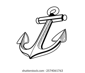 Anchor with bold lines and detailed design. Hand drawn sketch style. Perfect for nautical logos, maritime branding, or adventure visuals. Vector illustration