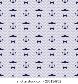 Anchor, Bow Tie and Mustache Seamless Pattern for Fathers Day. Cute waves vector background. Baby style captains illustration.