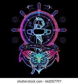 Anchor and butterfly neon t-shirt design. Symbol of freedom, marine adventure tourism. Slogan follow dreams t-shirt design 