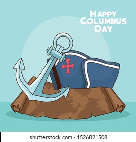 anchor and capitain hat over blue background. Happy Columbus day colorful design, vector illustration
