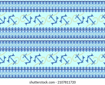 Anchor cartoon character seamless pattern on blue background.Pixel style