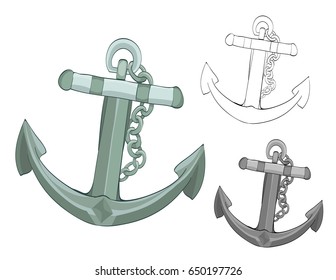 anchor with chain. cartoon vector illustration. grayscale and coloring versions included