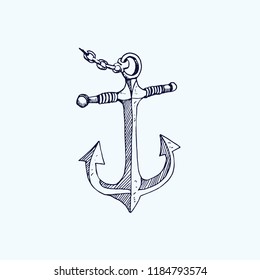 Anchor with chain, hand drawn doodle, sketch, black and white vector illustration