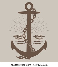 Anchor with chain and text with rays. Illustration on the marine theme.