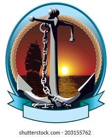 Anchor with chains on the sea background. Vector illustration