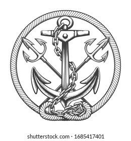 Anchor with chains and two tridents nautical emblem in engraving style. Vector illustration.