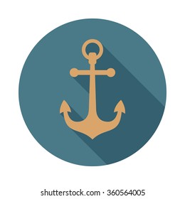 Anchor circle icon with long shadow. Flat design style. Anchor simple silhouette. Modern, minimalist, round icon in stylish colors. Web site page and mobile app design vector element.