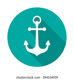 Anchor circle icon with long shadow. Flat design style. Anchor simple silhouette. Modern, minimalist, round icon in stylish colors. Web site page and mobile app design vector element.