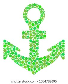 Anchor collage of filled circles in different sizes and ecological green color tones. Vector round dots are united into anchor collage. Ecological design concept.