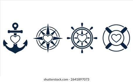 Anchor, Compass, and Lifebuoy Icons with Heart, Nautical Love Symbol Design	