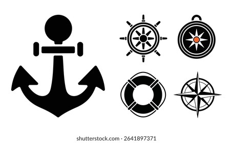Anchor, Compass, and Lifebuoy Icons with Heart, Nautical Love Symbol Design