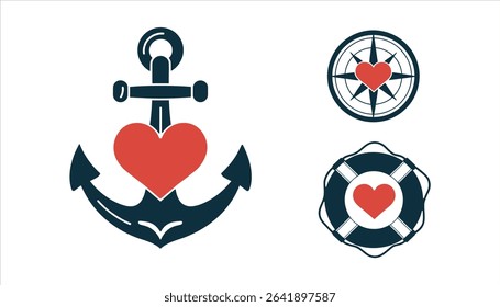 Anchor, Compass, and Lifebuoy Icons with Heart, Nautical Love Symbol Design