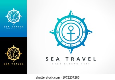 Anchor and compass logo vector. Ship and tourism design. Tourist navigation device.