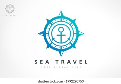 Anchor and compass logo vector. Ship and tourism design. Tourist navigation device.