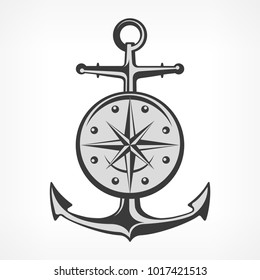 Anchor with compass, nautical symbols on white, vector marine illustration