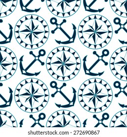 Anchor and compass seamless pattern in blue and white, vector