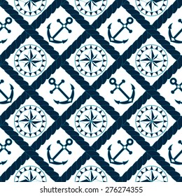 Anchor and compass seamless pattern in rope lattice in navy blue and white, vector