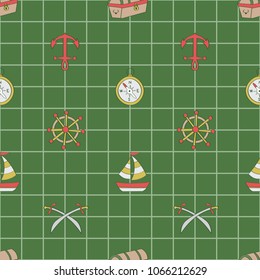 Anchor, compass, sword, chest, steering, boat in square background. A playful, modern, and flexible pattern for brand who has cute and fun style. Repeated pattern. Happy, bright, and nautical mood. 