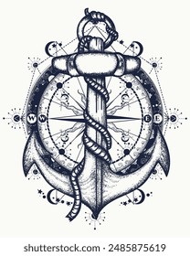 Anchor and compass tattoo art. Symbol of freedom, marine and tourism. Sea adventure esoteric t-shirt design concept